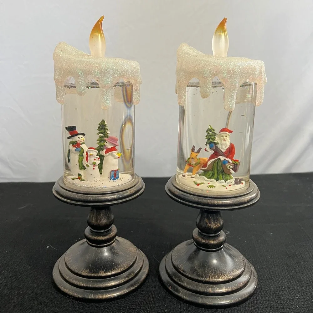 Set of‎ 2 Christmas Snow Globe LED Candles Santa Snowman Pedestal 10.5 Inch